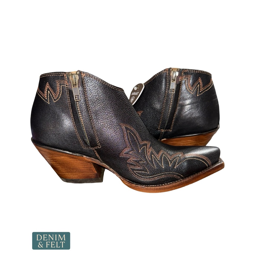 NEW Ariat Jolene Cash Black Leather Western Booties Zip Snip‎ Toe Stacked Heel - Picture 11 of 13